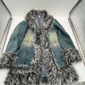 Vintage 90s Giacca Gallery Penny Lane blue Jean Denim Coat with Faux Fur Trim XS
